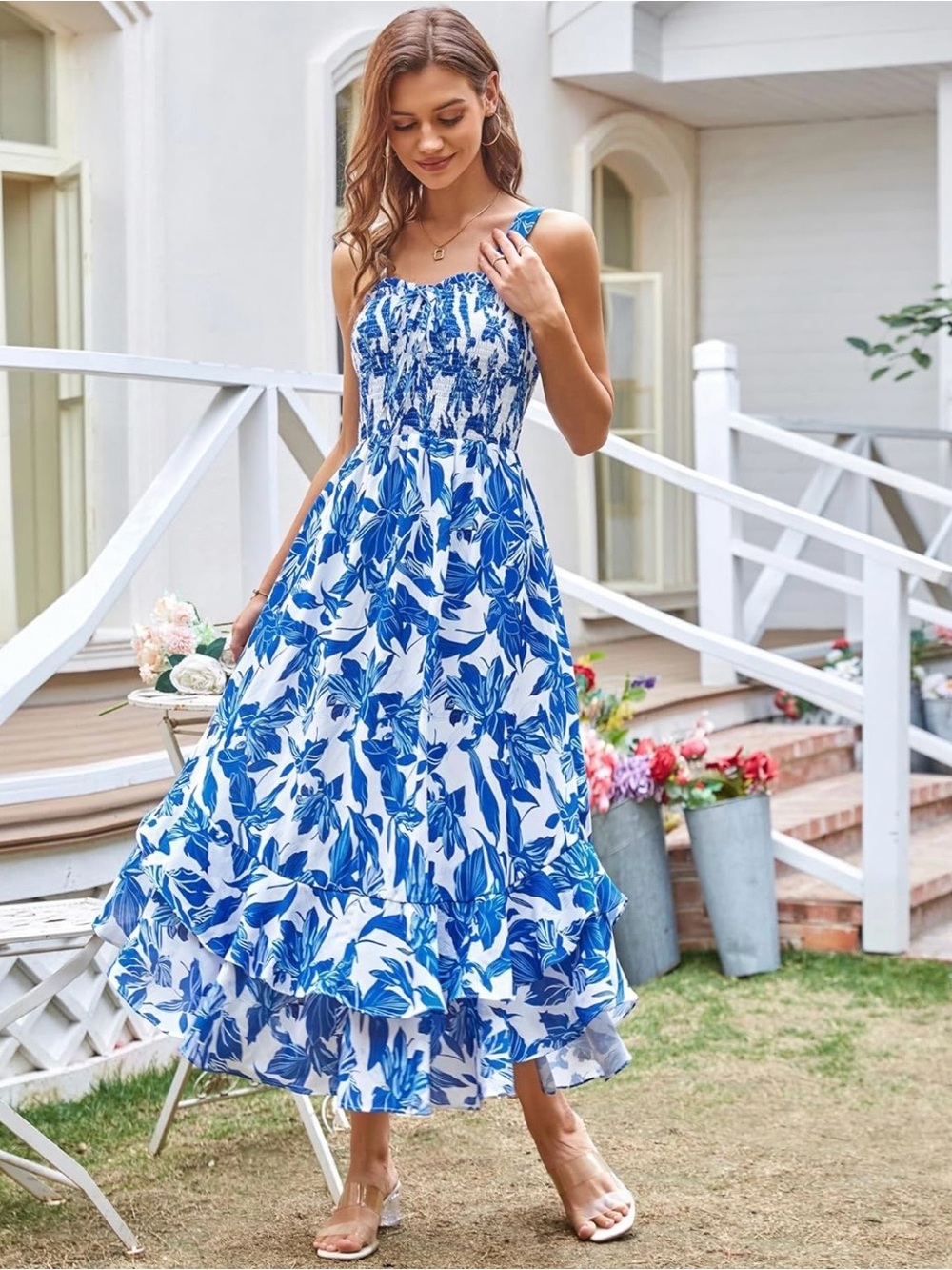 Grace Karin Blue and White Floral Midi Sundress - Picture 2 of 8